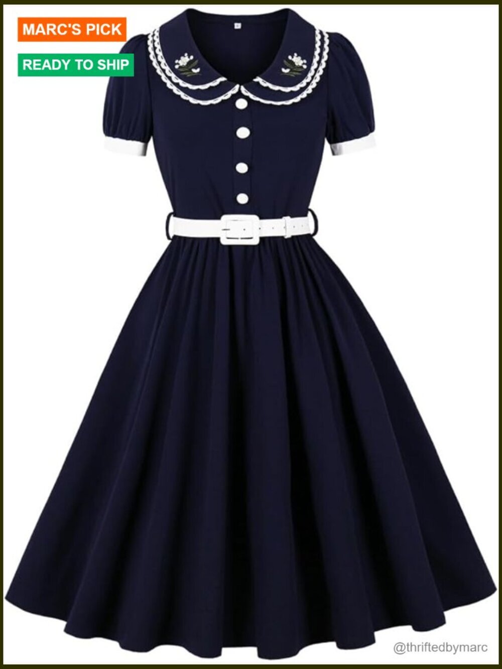Women's Vintage Lace Trim Embroidery Collar Dress with Belt